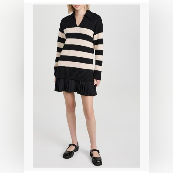 Casual Striped Long Sleeve Polo V Neck Pleated Mini Dress #1120 - Picture 8 of 13